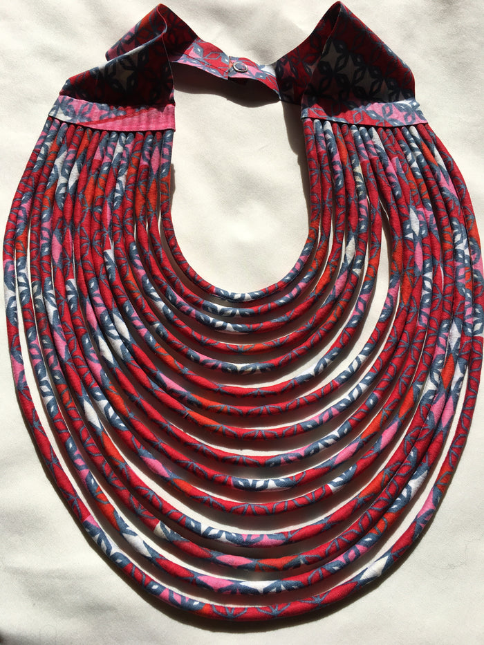 Rope Necklace in African Wax Cloth - Red & Gray