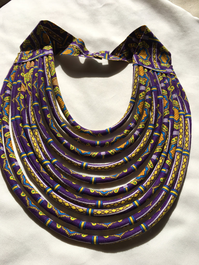 Rope Necklace in African Wax Cloth - Purple & Yellow Bib Necklace