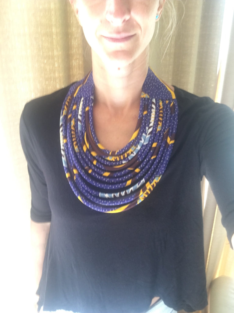 Rope Necklace in African Wax cloth - Blue & Yellow Bib Necklace