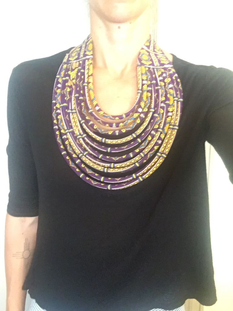 Rope Necklace in African Wax Cloth - Purple & Yellow Bib Necklace