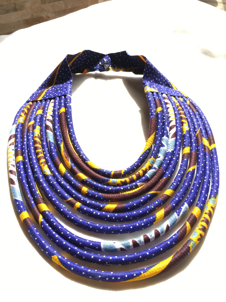 Rope Necklace in African Wax cloth - Blue & Yellow Bib Necklace