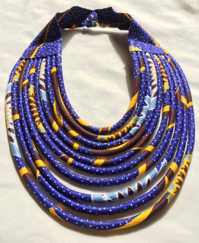 Rope Necklace in African Wax cloth - Blue & Yellow Bib Necklace