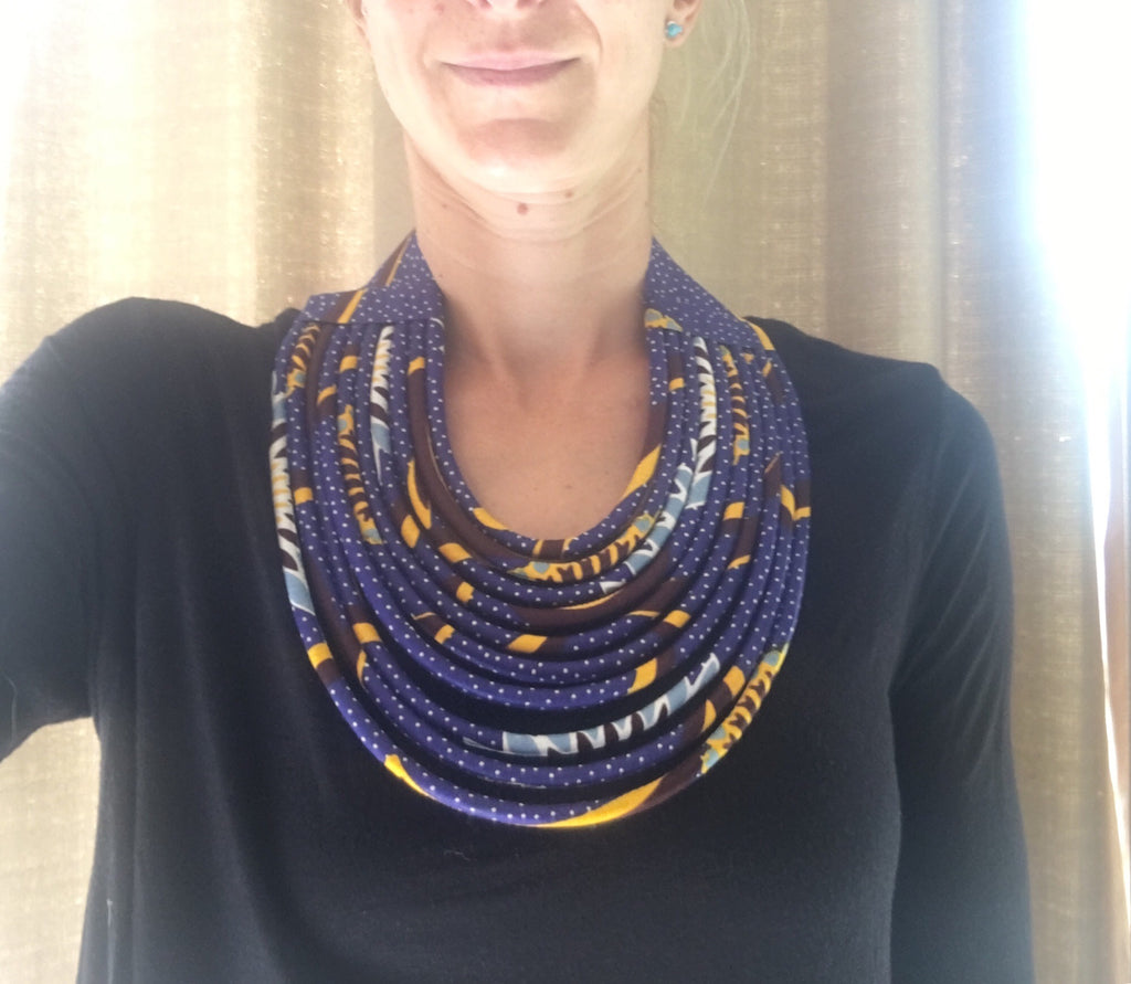 Rope Necklace in African Wax cloth - Blue & Yellow Bib Necklace