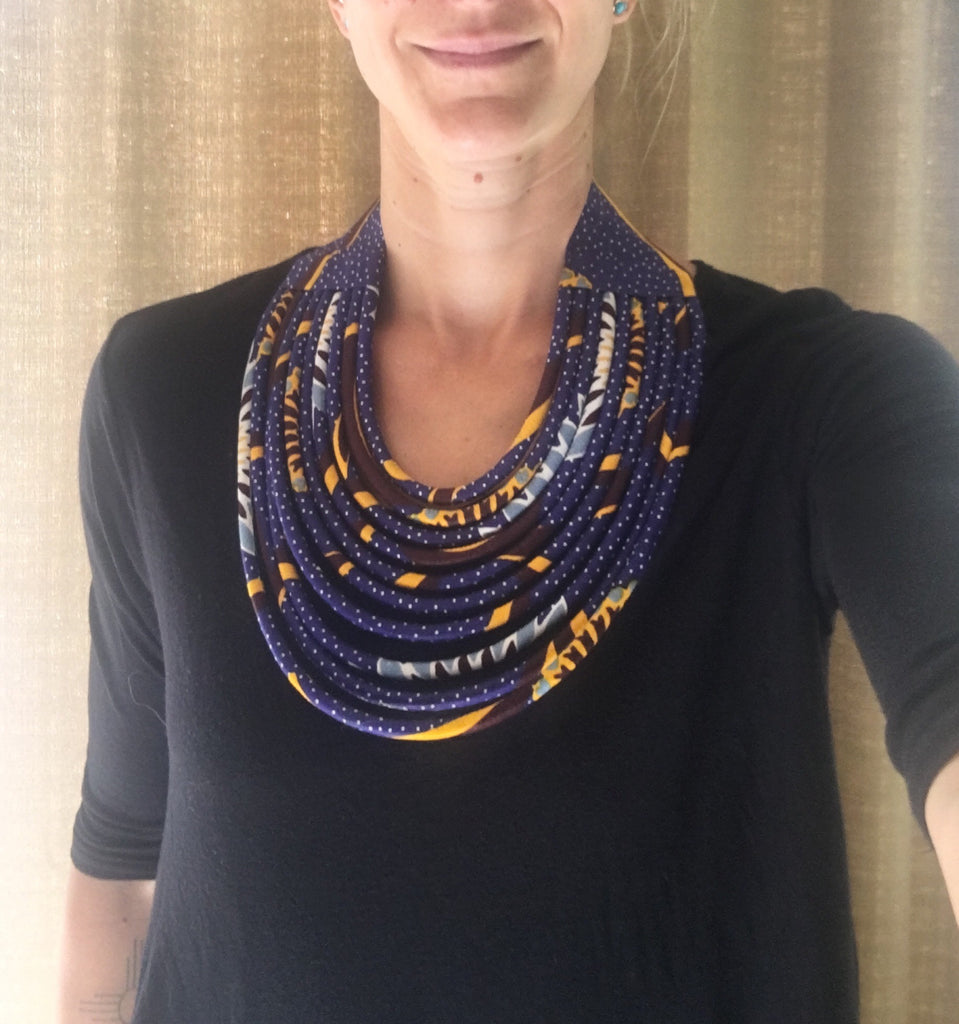 Rope Necklace in African Wax cloth - Blue & Yellow Bib Necklace