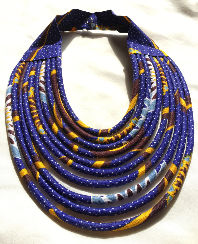 Rope Necklace in African Wax cloth - Blue & Yellow Bib Necklace